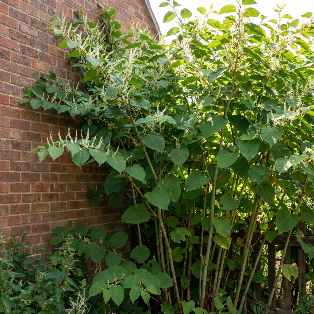 Japanese knotweed growing along a UK residential boundary